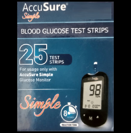 AccuSure Simple Blood Glucose Test Strip (Only Strip) | Diabetes Monitoring Devices
box of 25 Test Strips