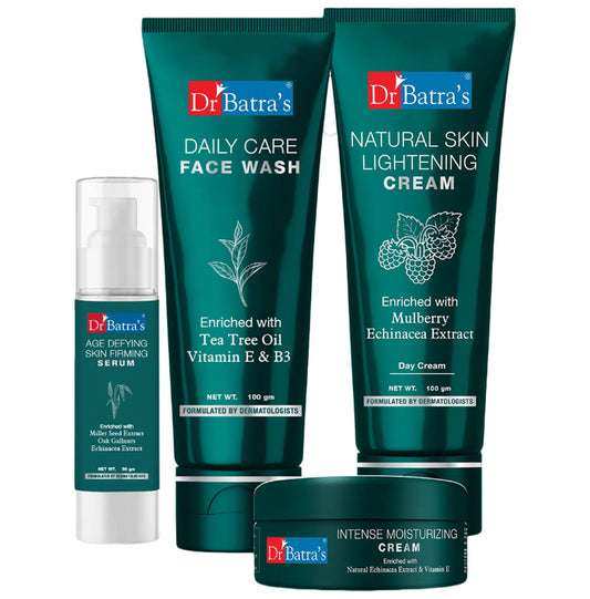 Dr Batra's Combo Pack of Face Wash Daily Care 100gm, Natural Skin Lightening Cream 100gm, Age Defying Skin Firming Serum 50gm and Intense Moisturizing Cream 100gm
combo pack of 4 Packs