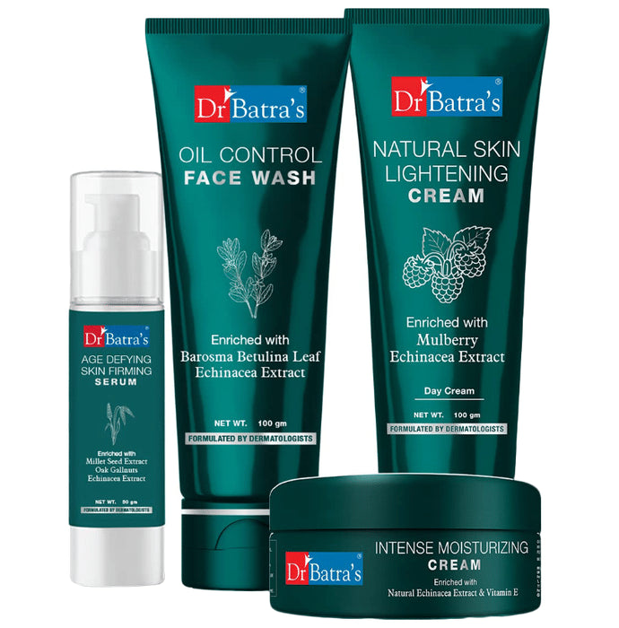 Dr Batra's Combo Pack of Oil Control Face Wash 100gm, Natural Skin Lightening Cream 100gm, Age Defying Skin Firming Serum 50gm and Intense Moisturizing Cream 100gm
combo pack of 4 Packs