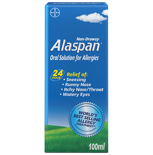 Alaspan Loratadine Non-Drowsy Oral Solution | Relieves Sneezing, Runny Nose, Itchy Throat & Watery Eyes
bottle of 100 ml Oral Solution