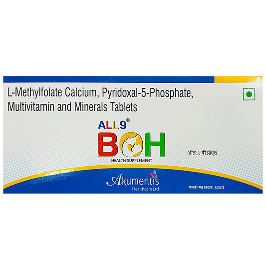 All 9 Boh Tablet with Methylcobalamin, L-Methylfolate & Pyridoxal-5-Phosphate
strip of 10 tablets