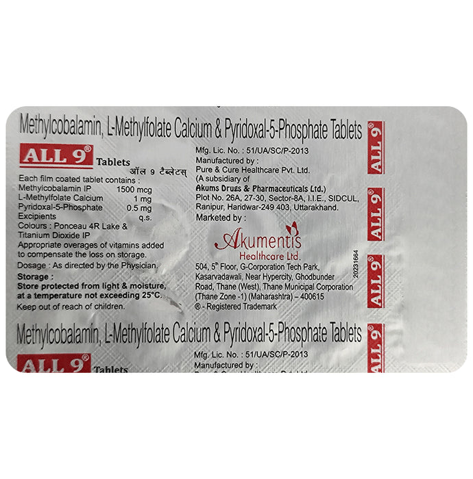 All 9 Tablet with Methylcobalamin, L-Methylfolate Calcium & Pyridoxal-5-Phosphate
strip of 15 tablets