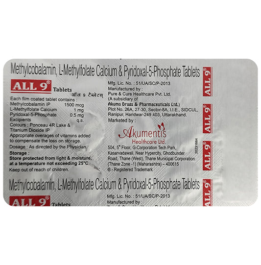 All 9 Tablet with Methylcobalamin, L-Methylfolate Calcium & Pyridoxal-5-Phosphate
strip of 15 tablets
