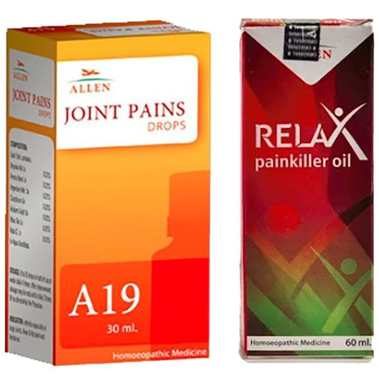 Allen Joint Care Combo Pack of A19 Joint Pains Drop 30ml & Relax Pain Killer Oil 60ml
combo pack of 2 bottles
