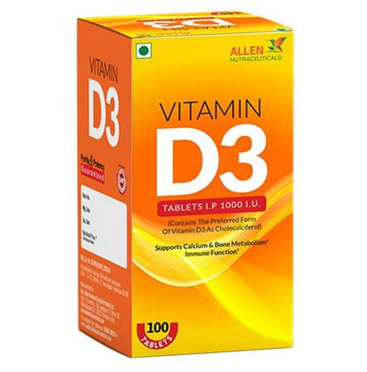 Allen Nutraceutical Vitamin D3 (Cholecalciferol) 1000 I.U for Bone Metabolism & Immunity | Tablet
box of 100 tablets
