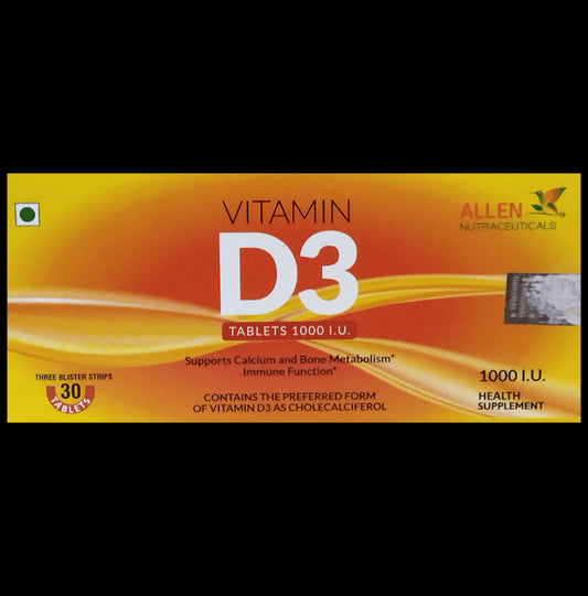 Allen Nutraceutical Vitamin D3 (Cholecalciferol) 1000 I.U for Bone Metabolism & Immunity | Tablet
box of 30 tablets