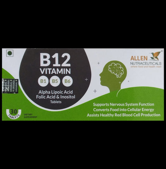 Allen Nutraceutical Vitamins B12 with ALA, Folic Aid & Inositol | For Nervous System, Energy & RBC Production | Tablet
strip of 30 tablets