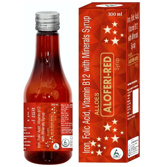 Alloes Aloferi-Red Iron, Folic Acid Vitamin B12 with Minerals Syrup
bottle of 300 ml Syrup