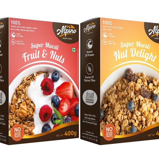 Alpino Combo Pack of Super Muesli Fruit & Nuts and Nut Delight (400gm Each)
combo pack of 2 Packs