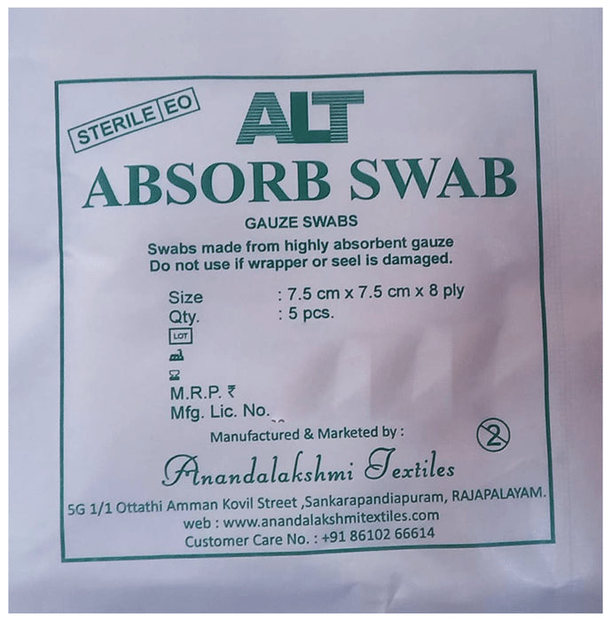 ALT Absorb Swab 7.5cm x 7.5cm x 8ply
packet of 5 swabs