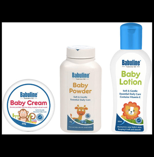 Babuline Complete Baby Care Kit Baby Powder 50gm, Lotion 50gm, Baby Cream 50gm for New Born Babies Bath & Skin Essentials Combo
box of 1 Kit
