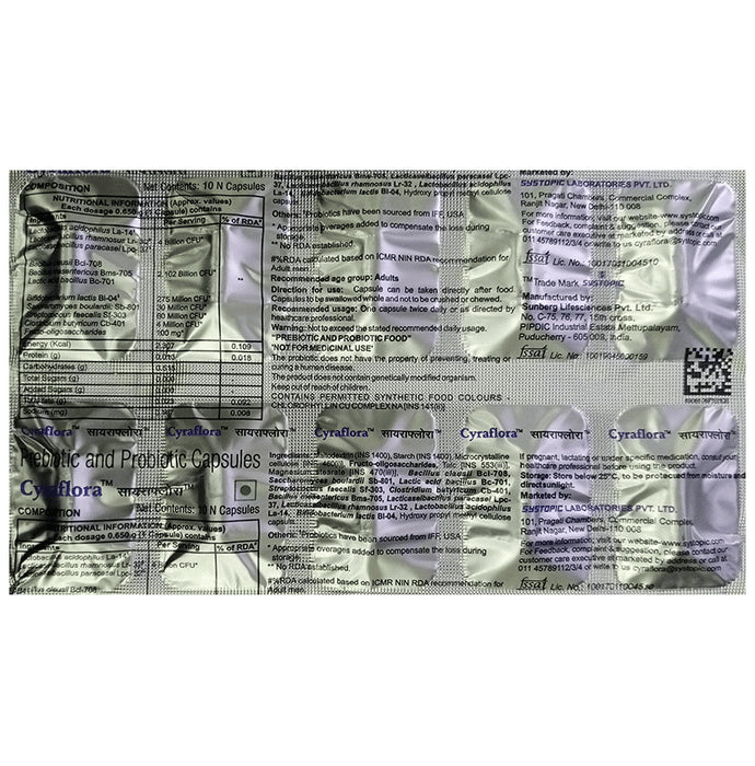 Cyraflora Capsule | Pre & Probiotic Support | Helps Maintain Intestinal Flora
strip of 10 capsules