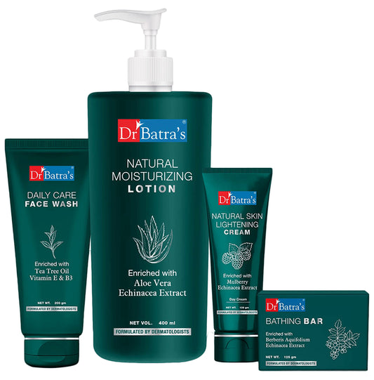Dr Batra's Combo Pack of Bathing Bar 125gm, Natural Skin Lightening Cream 100gm, Face Wash Daily Care 200gm and Natural Moisturizing Lotion 400ml
combo pack of 4 Packs