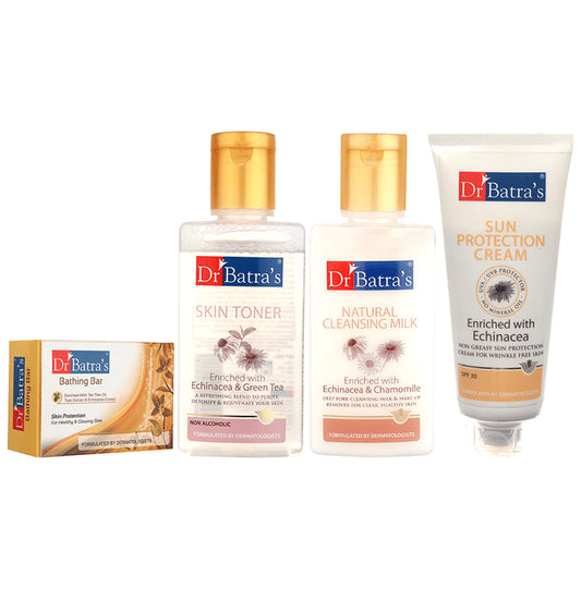 Dr Batra's Combo Pack of Bathing Bar Skin Protection 125gm, Skin Toner 100ml, Natural Cleansing Milk 100ml and Sun Protection Cream 100gm
combo pack of 4 Packs