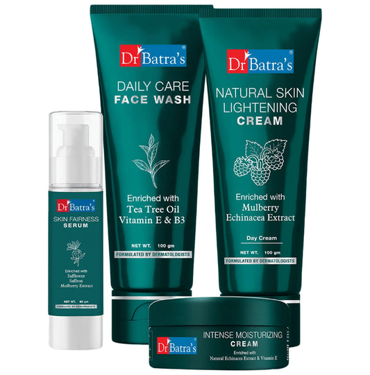 Dr Batra's Combo Pack of Face Wash Daily Care 100gm, Natural Skin Lightening Cream 100gm, Skin Fairness Serum 50gm and Intense Moisturizing Cream 100gm
combo pack of 4 Packs