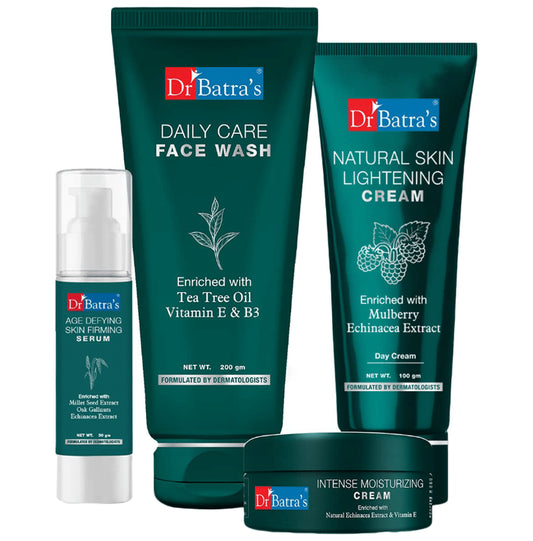 Dr Batra's Combo Pack of Face Wash Daily Care 200gm, Natural Skin Lightening Cream 100gm, Age Defying Skin Firming Serum 50gm and Intense Moisturizing Cream 100gm
combo pack of 4 Packs