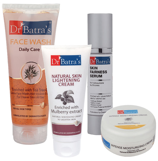 Dr Batra's Combo Pack of Face Wash Daily Care 200gm, Natural Skin Lightening Cream 100gm, Skin Fairness Serum 50gm and Intense Moisturizing Cream 100gm
combo pack of 4 Packs