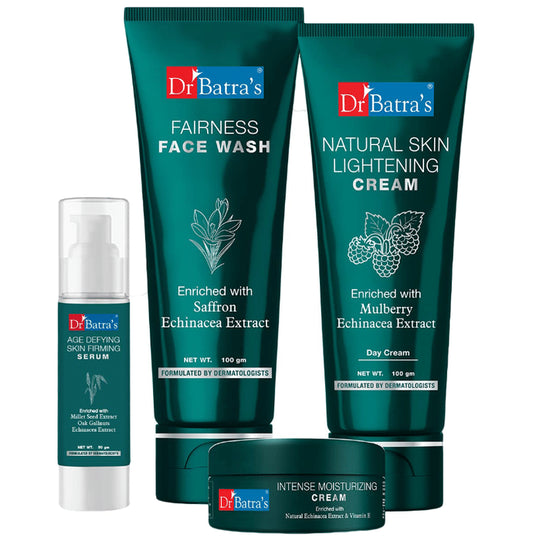 Dr Batra's Combo Pack of Fairness Face Wash 100gm, Natural Skin Lightening Cream 100gm, Age Defying Skin Firming Serum 50gm and Intense Moisturizing Cream 100gm
combo pack of 4 Packs