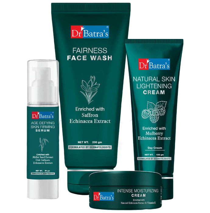 Dr Batra's Combo Pack of Fairness Face Wash 200gm, Natural Skin Lightening Cream 100gm, Age Defying Skin Firming Serum 50gm and Intense Moisturizing Cream 100gm
combo pack of 4 Packs