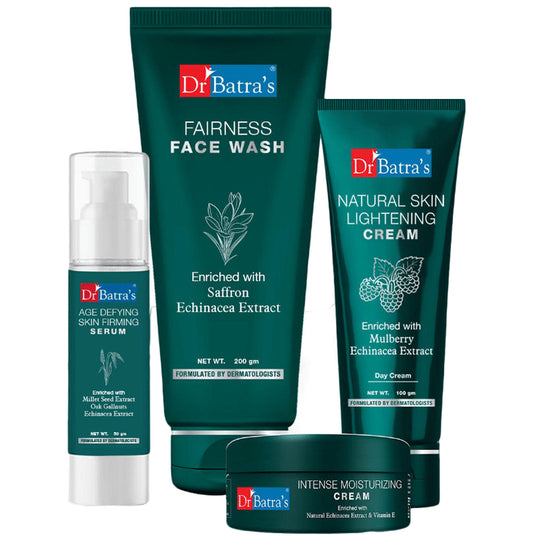 Dr Batra's Combo Pack of Fairness Face Wash 200gm, Natural Skin Lightening Cream 100gm, Age Defying Skin Firming Serum 50gm and Intense Moisturizing Cream 100gm
combo pack of 4 Packs