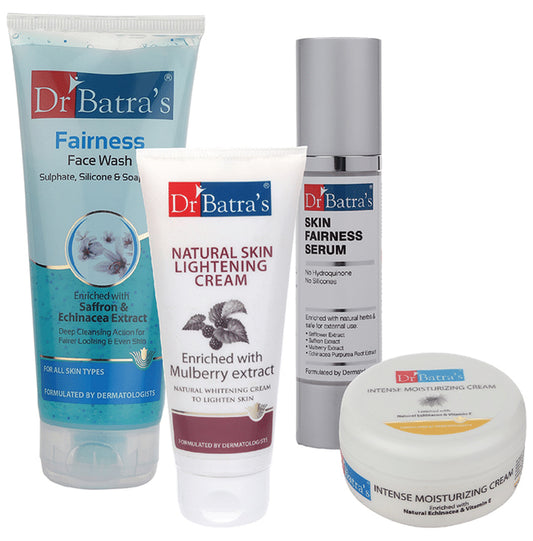 Dr Batra's Combo Pack of Fairness Face Wash 200gm, Natural Skin Lightening Cream 100gm, Skin Fairness Serum 50gm and Intense Moisturizing Cream 100gm
combo pack of 4 Packs