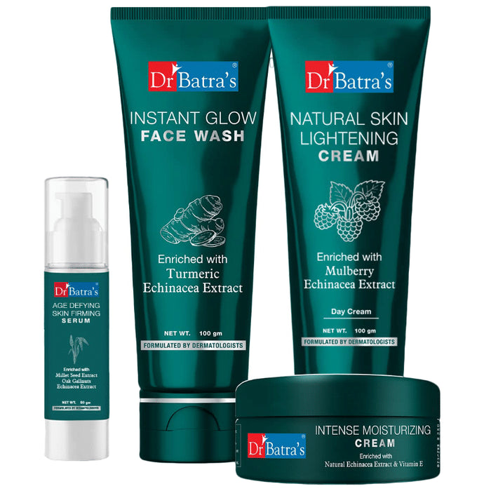 Dr Batra's Combo Pack of Instant Glow Face Wash 100gm, Natural Skin Lightening Cream 100gm, Age Defying Skin Firming Serum 50gm and Intense Moisturizing Cream 100gm
combo pack of 4 Packs