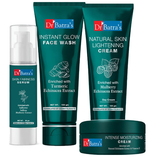 Dr Batra's Combo Pack of Instant Glow Face Wash 100gm, Natural Skin Lightening Cream 100gm, Skin Fairness Serum 50gm and Intense Moisturizing Cream 100gm
combo pack of 4 Packs