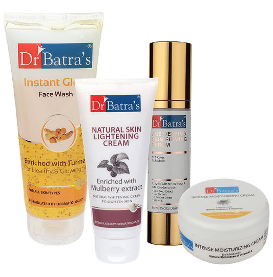 Dr Batra's Combo Pack of Instant Glow Face Wash 200gm, Natural Skin Lightening Cream 100gm, Age Defying Skin Firming Serum 50gm and Intense Moisturizing Cream 100gm
combo pack of 4 Packs