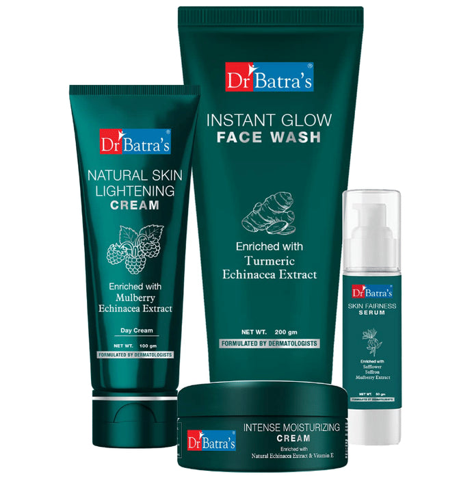 Dr Batra's Combo Pack of Instant Glow Face Wash 200gm, Natural Skin Lightening Cream 100gm, Skin Fairness Serum 50gm and Intense Moisturizing Cream 100gm
combo pack of 4 Packs