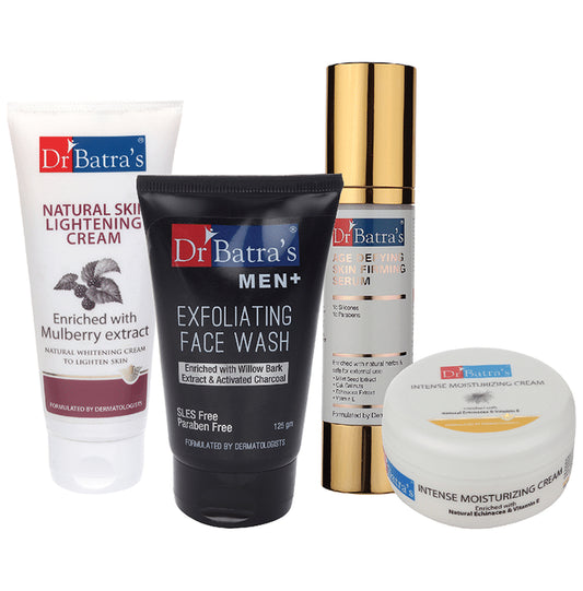 Dr Batra's Combo Pack of Men+ Exfoliating Face Wash 125gm, Natural Skin Lightening Cream 100gm, Age Defying Skin Firming Serum 50gm and Intense Moisturizing Cream 100gm
combo pack of 4 Packs