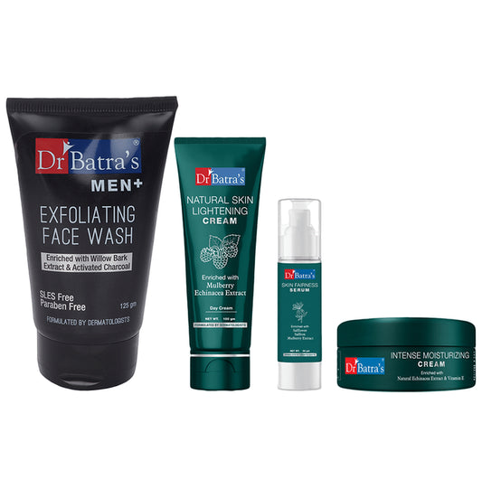 Dr Batra's Combo Pack of Men+ Exfoliating Face Wash 125gm, Natural Skin Lightening Cream 100gm, Skin Fairness Serum 50gm and Intense Moisturizing Cream 100gm
combo pack of 4 Packs