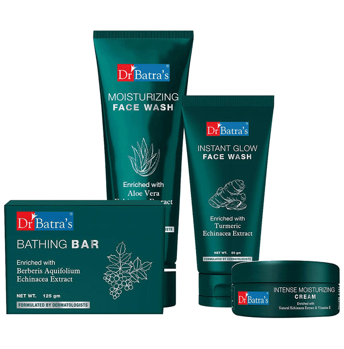 Dr Batra's Combo Pack of Moisturizing Face Wash 100gm, Instant Glow Face Wash 50gm, Skin Refreshing Bathing Bar 125gm and Intense Moisturizing Cream 100gm
combo pack of 4 Packs