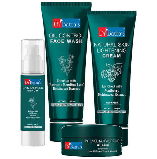 Dr Batra's Combo Pack of Oil Control Face Wash 100gm, Natural Skin Lightening Cream 100gm, Skin Fairness Serum 50gm and Intense Moisturizing Cream 100gm
combo pack of 4 Packs