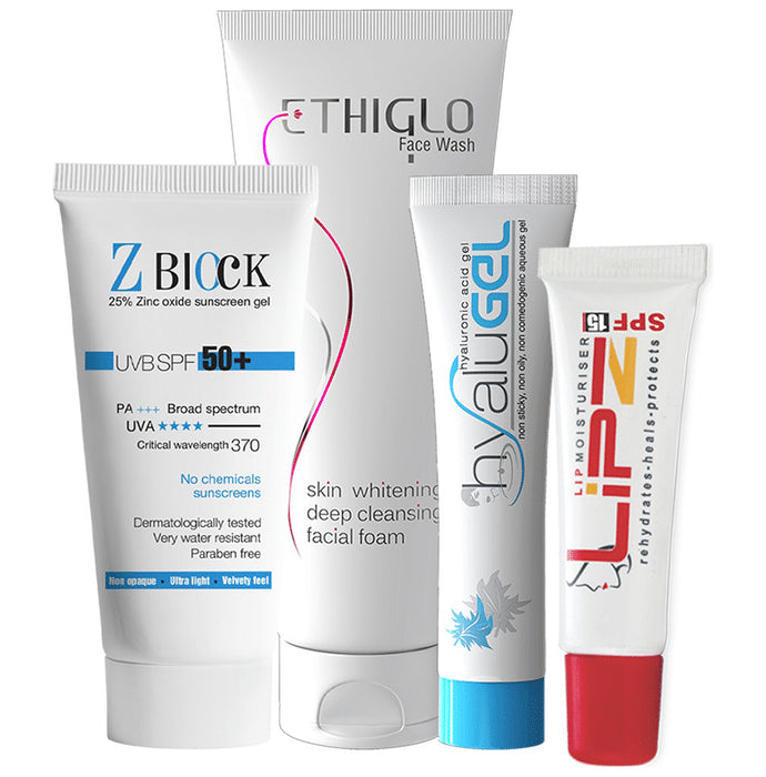 Ethicare Remedies Day Skincare Routine Kit - Ethiglo Face Wash 70ml, Hyalugel Hyaluronic Acid Gel, Z-Block 25% Zinc Oxide Sunscreen Gel, SPF 58, 50 ml And Lipzlite Lightening Cream 15gm
combo pack of 4 Tubes