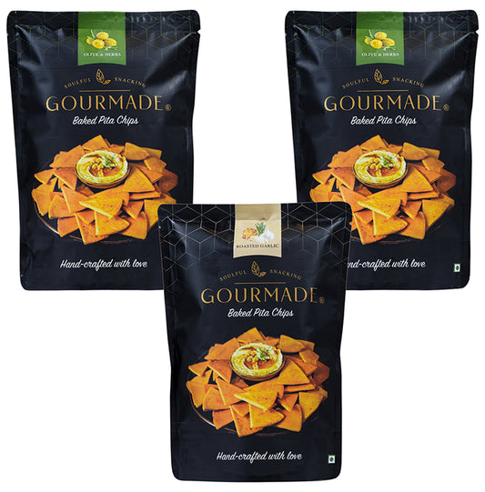 ?Gourmade Soulful Snacking Combo Pack of Pita Chips Olive & Herbs-2 & Roasted Garlic-1 (125gm Each)
combo pack of 3 Packs