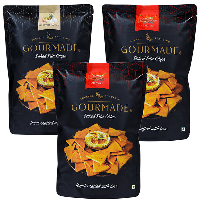 ?Gourmade Soulful Snacking Combo Pack of Pita Chips Roasted Garlic-2 and Chipotle-1 (125gm Each)
combo pack of 3 Packs