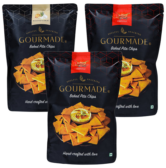?Gourmade Soulful Snacking Combo Pack of Pita Chips Roasted Garlic-2 and Chipotle-1 (125gm Each)
combo pack of 3 Packs