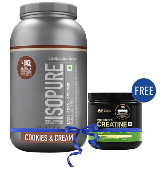 Isopure Whey Protein with Less than 1.5gm Carbs | For Fitness, Immunity & Skin | Flavour Cookie and Cream Powder with Micronised Creatine Powder Free
jar of 2 kg Powder