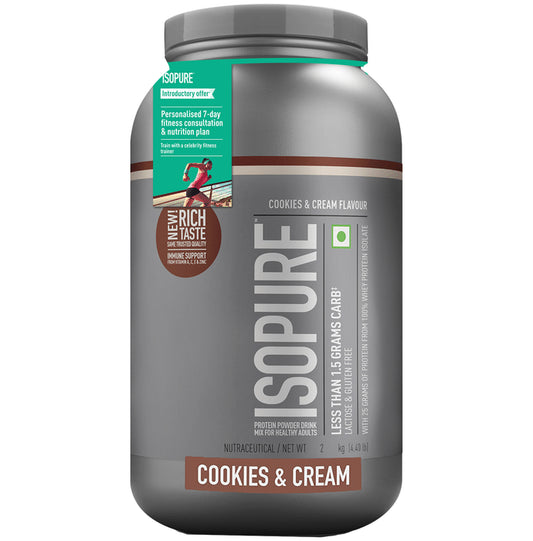 Isopure Whey Protein with Less than 1.5gm Carbs | For Fitness, Immunity & Skin | Flavour Powder Cookie and Cream
jar of 2 kg Powder