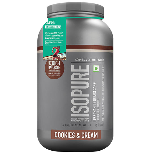 Isopure Whey Protein with Less than 1.5gm Carbs | For Fitness, Immunity & Skin | Flavour Powder Cream and Cookie
jar of 1 kg Powder