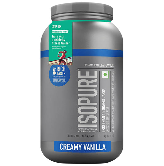 Isopure Whey Protein with Less than 1.5gm Carbs | For Fitness, Immunity & Skin | Flavour Powder Creamy Vanilla
jar of 1 kg Powder