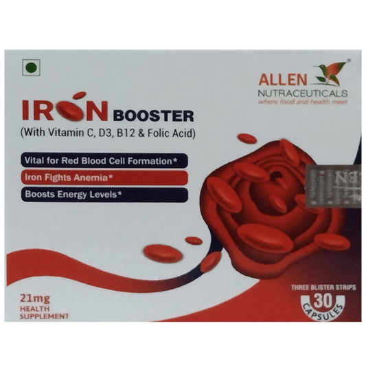 Allen Nutraceutical Iron Booster with Vitamin C, D3, B12 & Folic Acid | For Energy, Anaemia & RBC Formation | Capsule
strip of 30 capsules