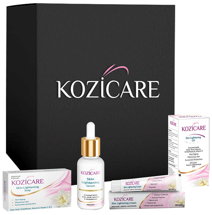 Kozicare Kojic Acid Skin Lightening/Brightening Combo Pack of Soap 75gm, Serum 30ml, Cream 15gm & Oil 60ml
combo pack of 4 Packs