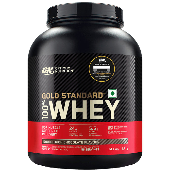 Optimum Nutrition (ON) Gold Standard 100% Whey Protein | For Muscle Recovery | No Added Sugar | Flavour Powder Double Rich Chocolate
jar of 1.7 kg Powder