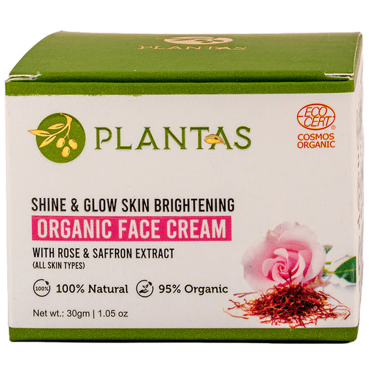 Plantas Shine & Glow Skin Brightening Organic Face Cream with Rose & Saffron Extract
jar of 30 gm Cream