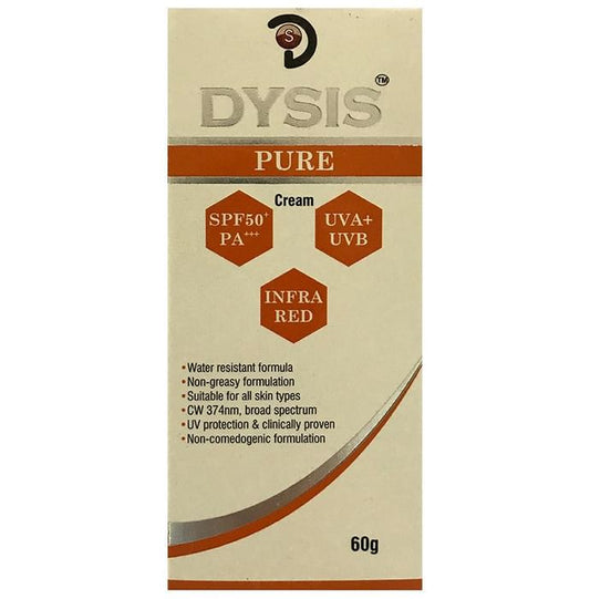 Dysis Pure Sunscreen SPF 50+ PA+++ | UVA+UVB & Infra Red Protection | For All Skin Types
tube of 60 gm Cream