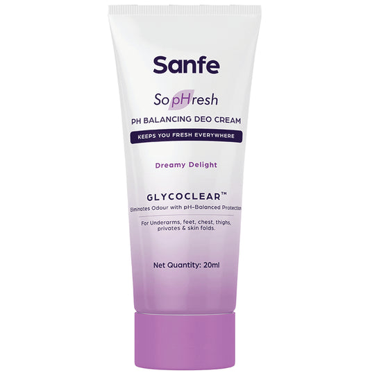 Sanfe So Phresh PH Balancing Deo Cream for for Underarms, Feet, Intimates & Skin Fold Dreamy Delight
tube of 20 ml Cream