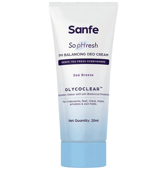 Sanfe So Phresh PH Balancing Deo Cream for for Underarms, Feet, Intimates & Skin Fold Sea Breeze
tube of 20 ml Cream