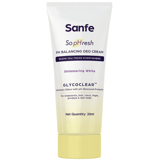 Sanfe So Phresh PH Balancing Deo Cream for for Underarms, Feet, Intimates & Skin Fold Shimmering White
tube of 20 ml Cream