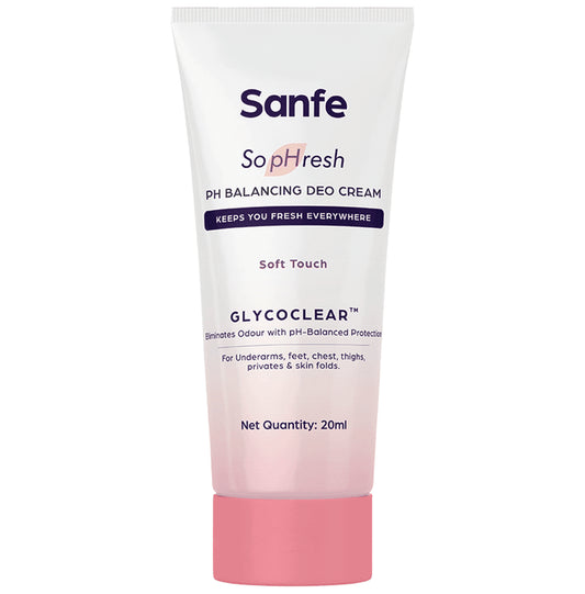 Sanfe So Phresh PH Balancing Deo Cream for for Underarms, Feet, Intimates & Skin Fold Soft Touch
tube of 20 ml Cream